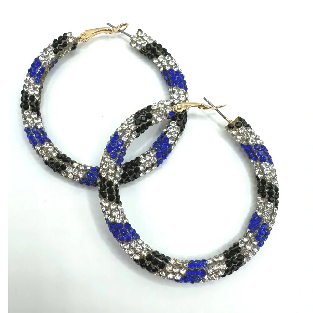 Blue/Black Striped Pave Rhinestone Hoop Earrings, NEW